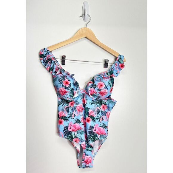 SHEIN Flamingo Swimsuit Tropical Print Ruffle Blue/Pink Large - Picture 1 of 5